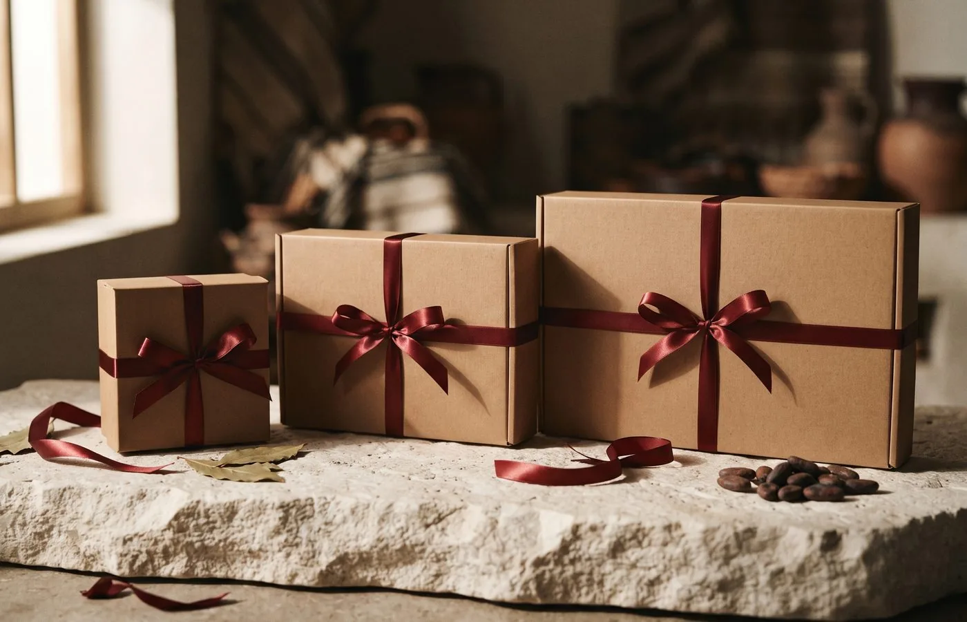 Drei Geschenkschachteln in unterschiedlichen Größen nebeneinander