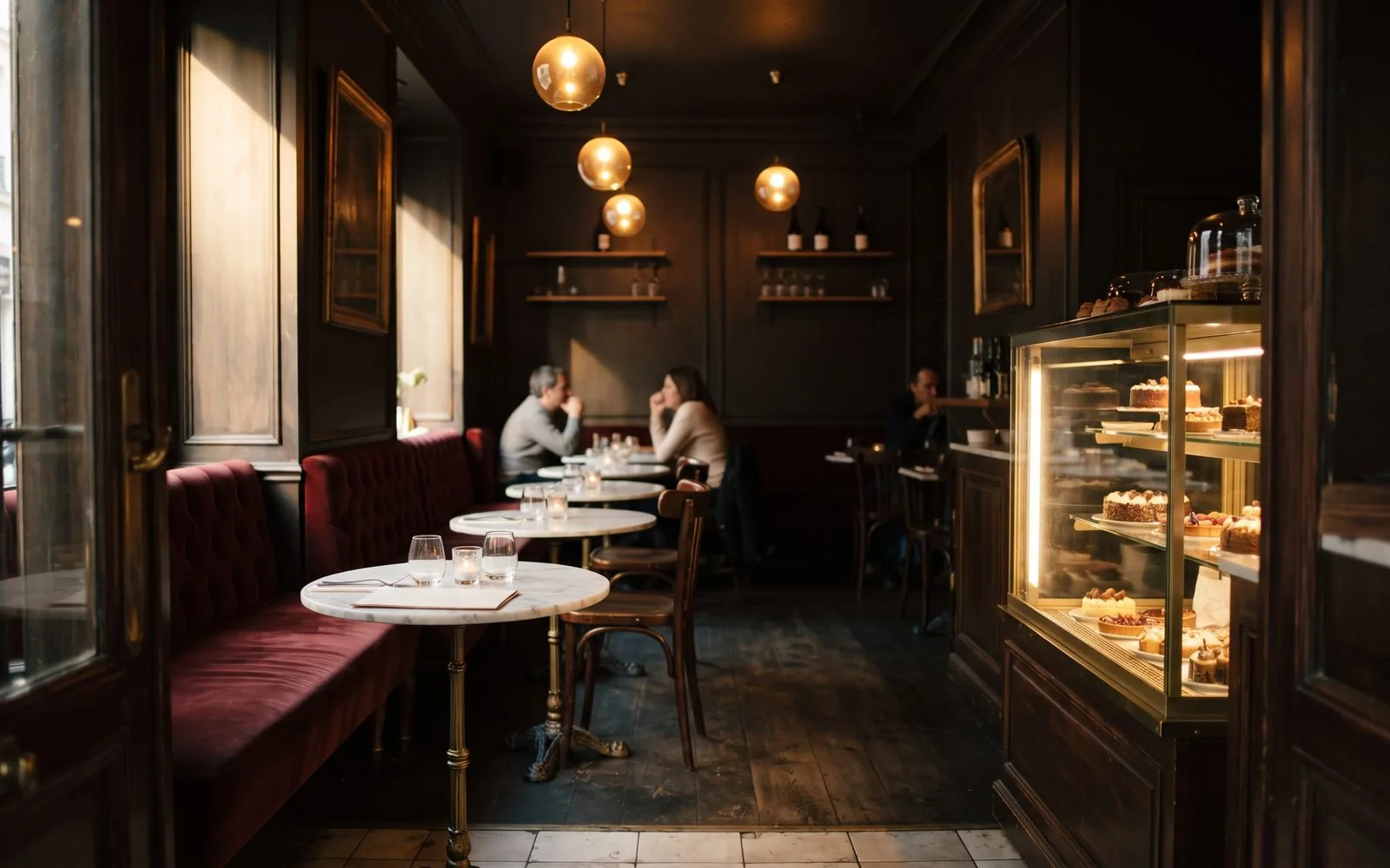 Kleines Café mit dunklem Holz, weinroten Samtbänken und runden Marmortischen