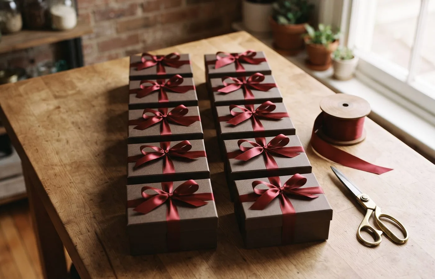 Fertig gebundene Geschenkschachteln in zwei Reihen auf einem Arbeitstisch