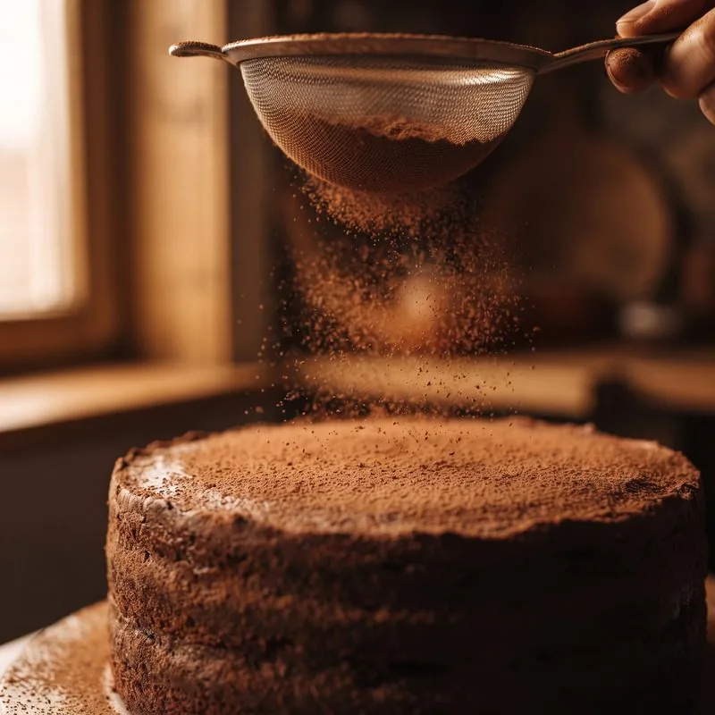 Kakaopulver wird durch ein Sieb über eine Torte gestäubt