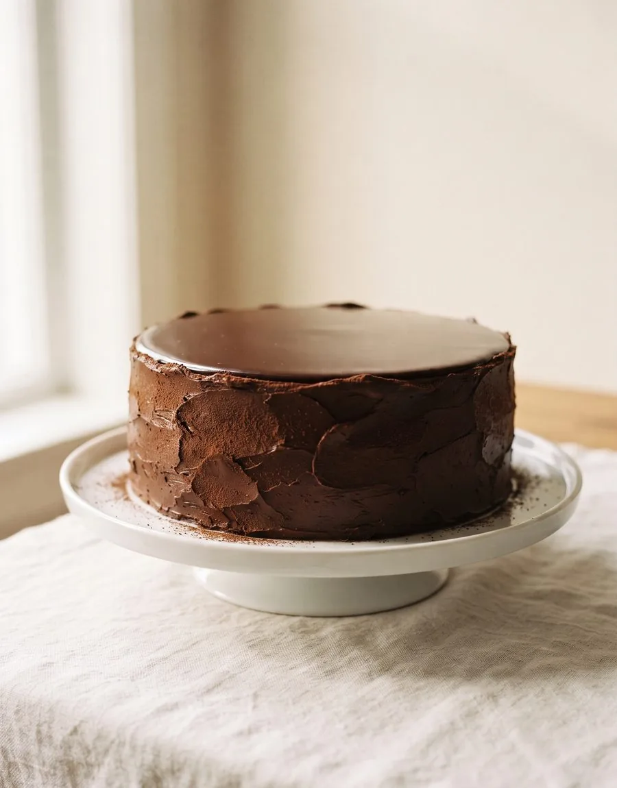 Runde Schokoladentorte mit Kakaorand und glänzendem Ganache-Deckel