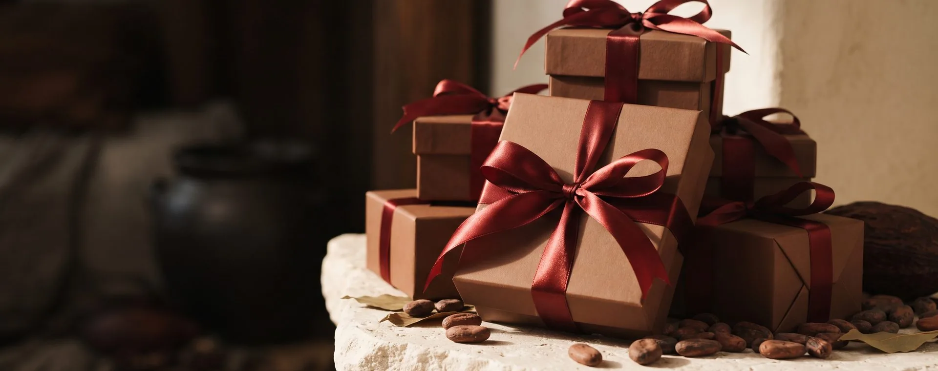 Gestapelte braune Geschenkschachteln mit dunkelroten Satinbändern