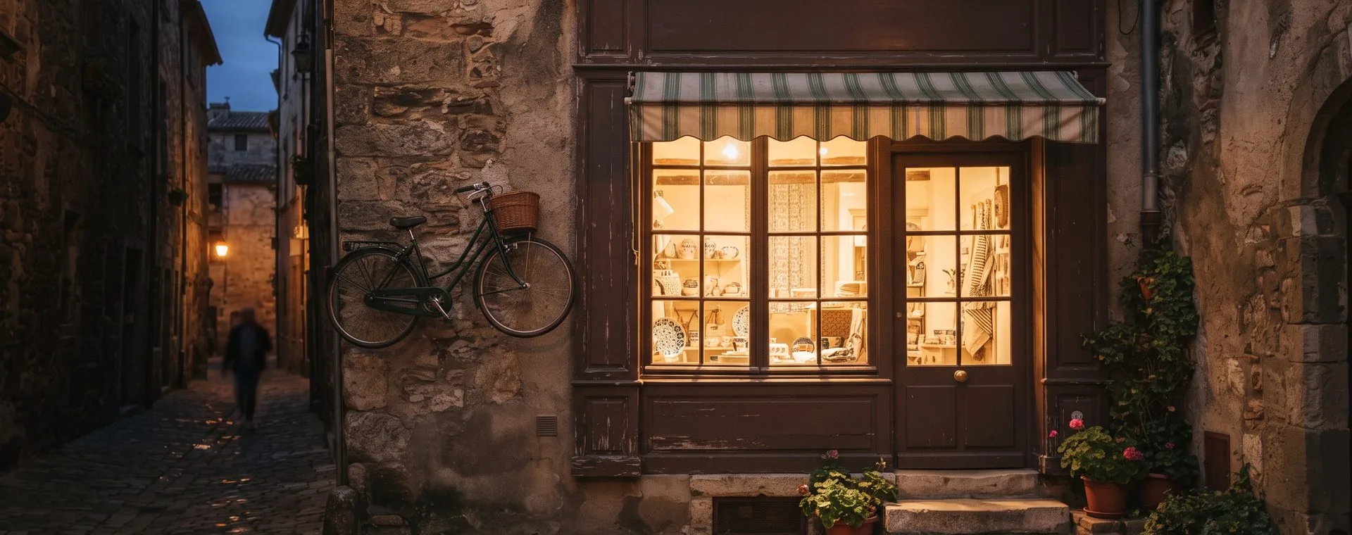 Ladenfront in einer Altstadtgasse mit warm beleuchtetem Schaufenster
