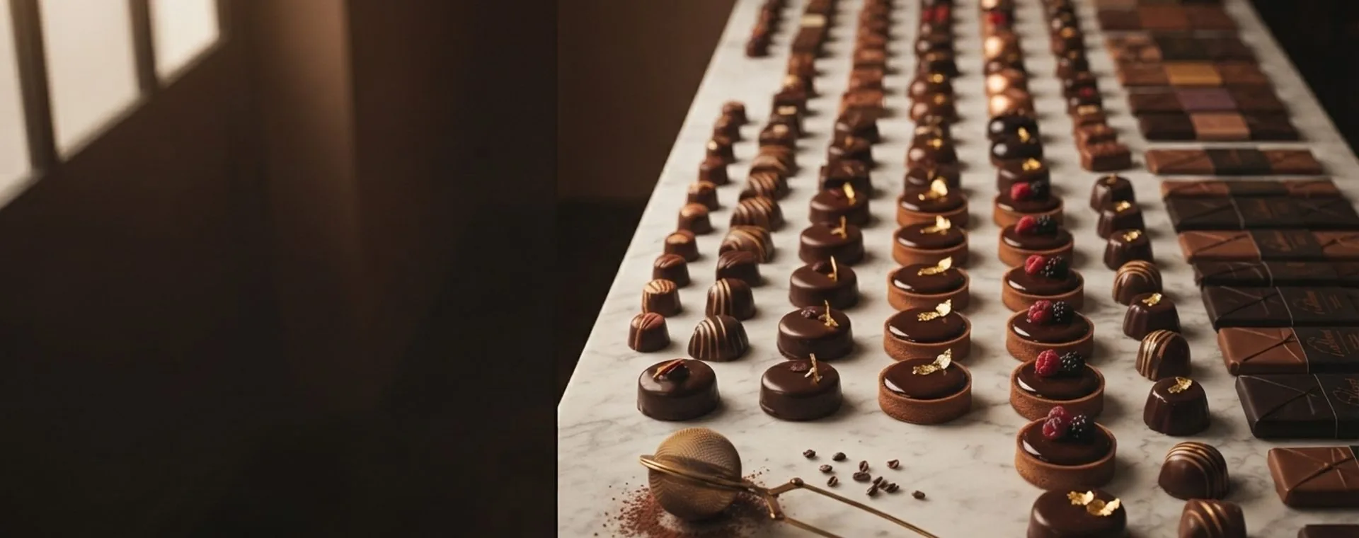 Langer Marmortresen mit Törtchen, Pralinen und Tafeln in Reihen
