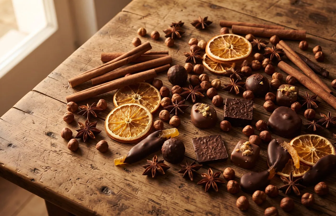 Zimtstangen, Orangenscheiben, Haselnüsse und Sternanis auf einem Holztisch