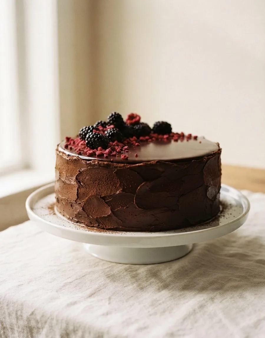 Runde Torte mit Schokoladenrand, Ganache-Deckel und Brombeeren