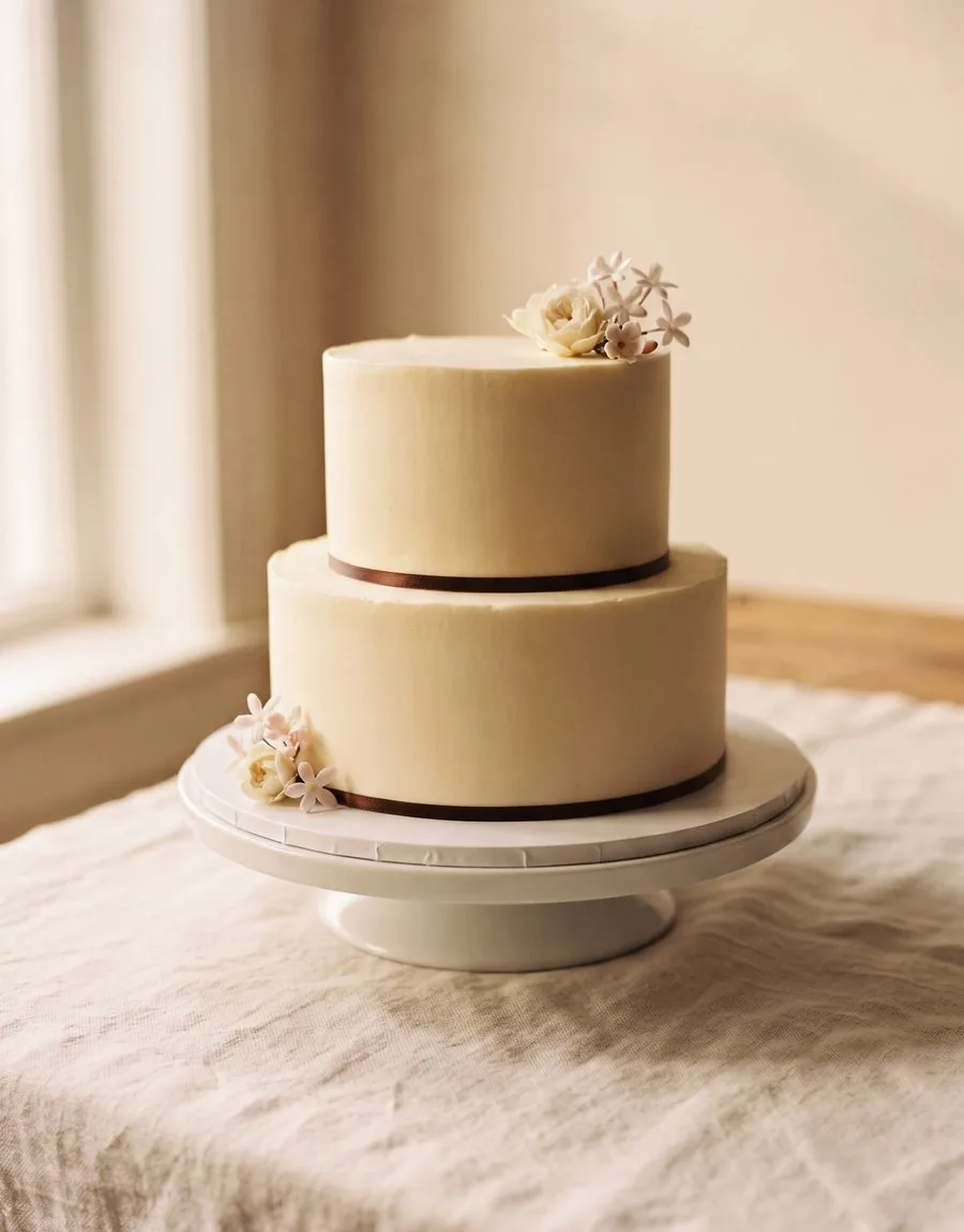 Schlichte zweistöckige Hochzeitstorte in Creme mit Schokoladenband