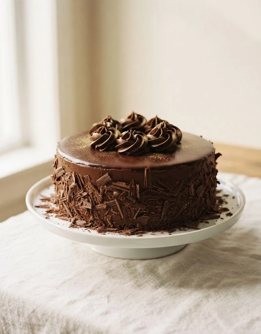Torte mit Schokoladensplittern am Rand, Ganache-Rosetten und Goldstaub