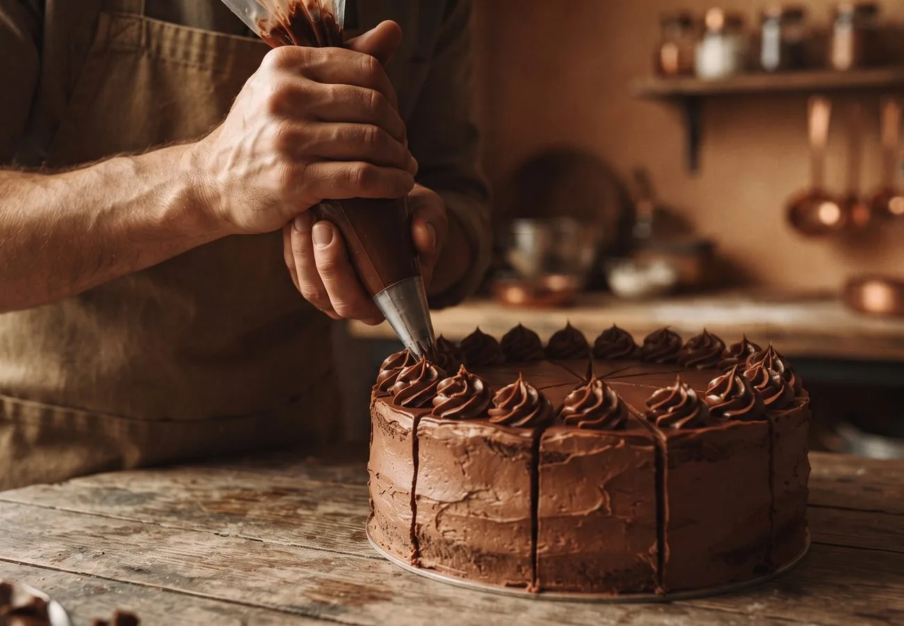 Hände setzen mit dem Spritzbeutel Rosetten auf den Rand einer Torte