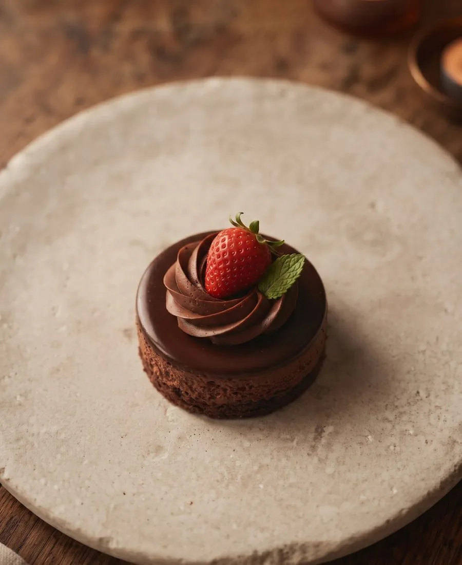 Törtchen mit Ganache-Rosette, ganzer Erdbeere und Minzblatt