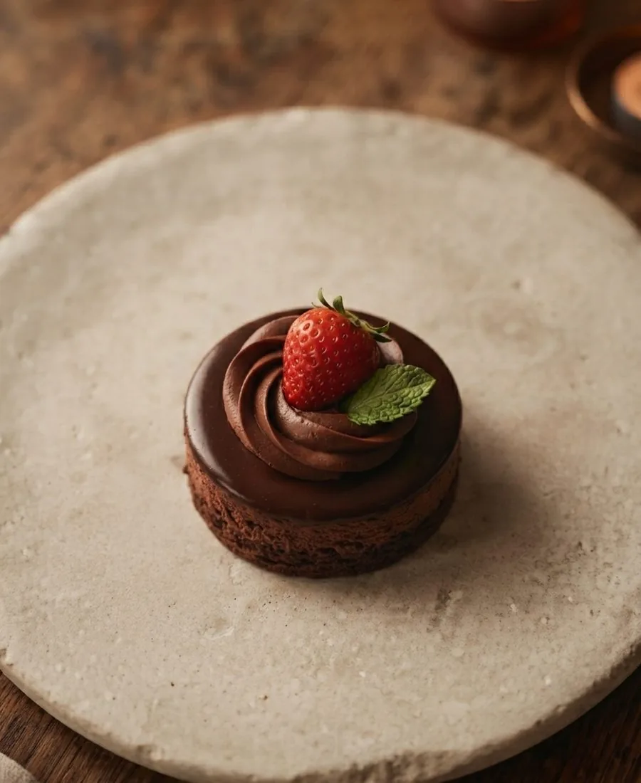 Tartelette mit welligem Mürbeteigrand, Schokoladencreme und halber Walnuss