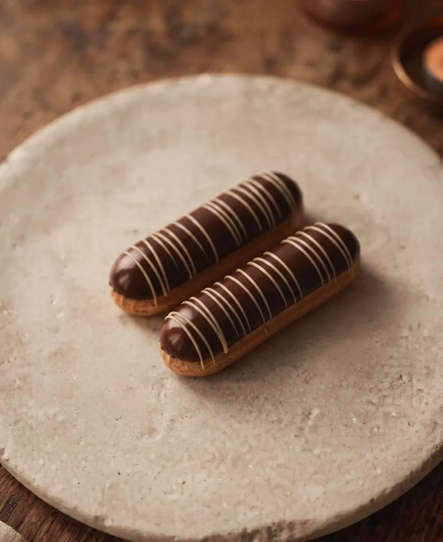 Zwei Éclairs mit dunkler Glasur und feinen hellen Schokoladenlinien