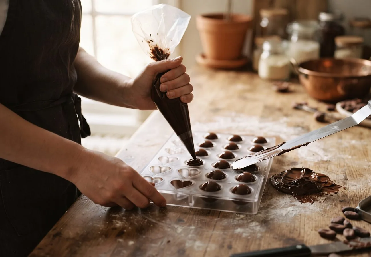 Pralinenformen werden mit dem Spritzbeutel gefüllt, überschüssige Schokolade wird abgezogen